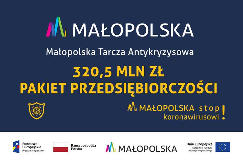 Baner z napisem Małopolska tarcza antykryzysowa pakiet przedsiębiorczość