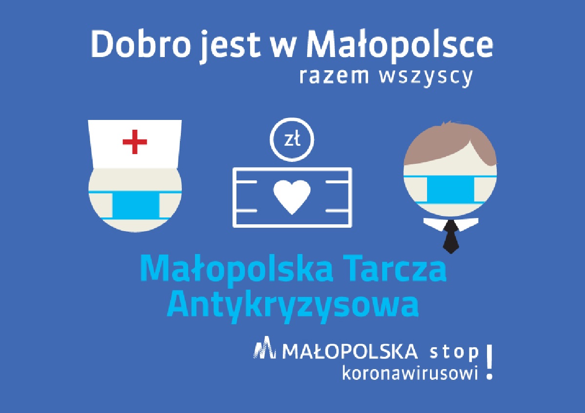 Baner z napisem Małopolska tarcza antykryzysowa razem wszyscy