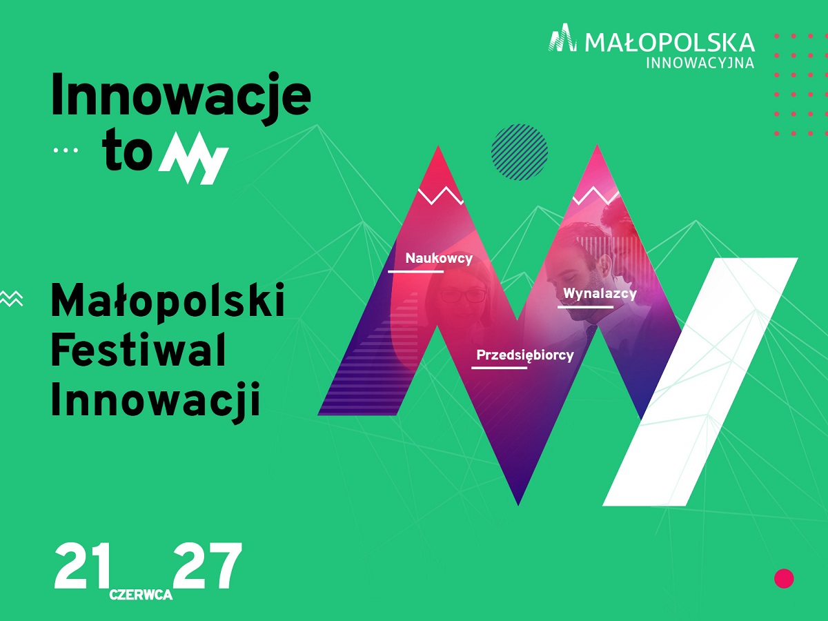 zielony baner z napisem Małopolski Festiwal Innowacji, Innowacje to MY