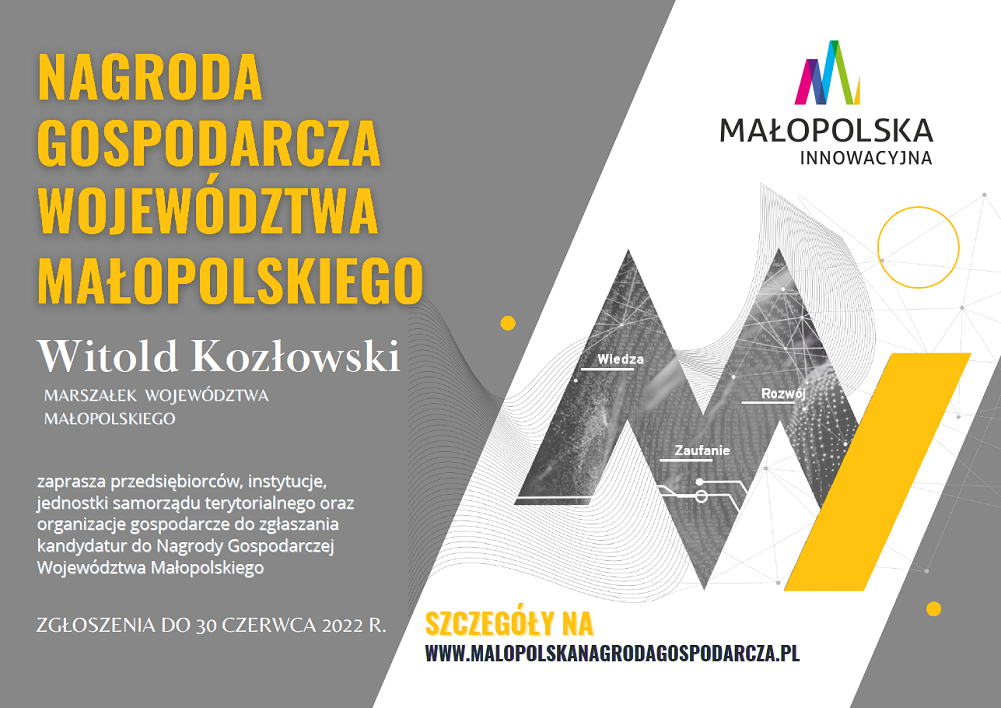 Baner zawiera żółty tekst na szarym tle z zaproszeniem Marszałka Województwa Małopolskiego Witolda Kozłowskiego do zgłaszania kandydatur do Nagrody Gospodarczej za rok 2022. W prawej części baneru na białym tle znajduje się logo małopolska innowacyjna.