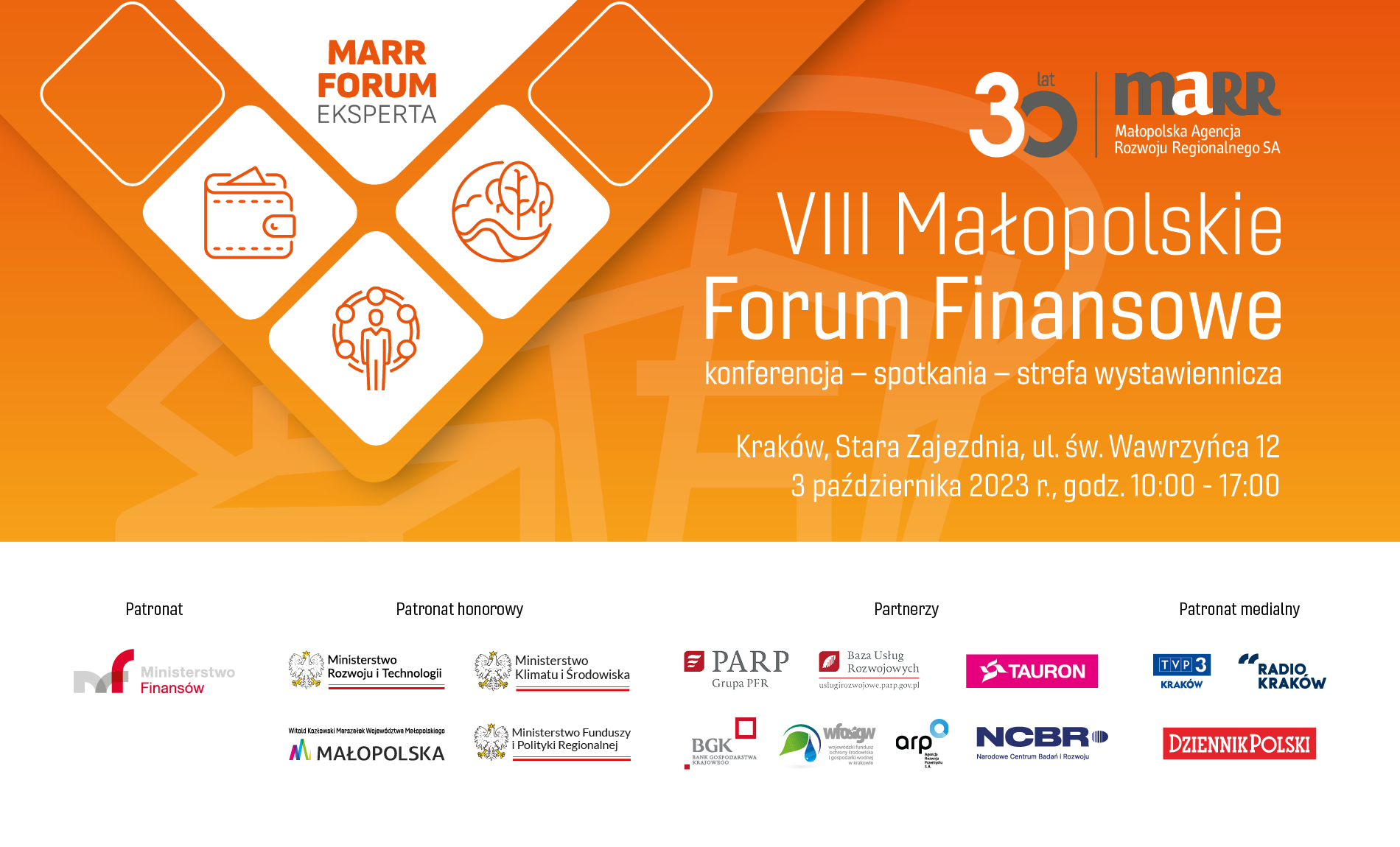 Baner z napisem VIII Małopolskie Forum Finansowe i logotypami Partnerów