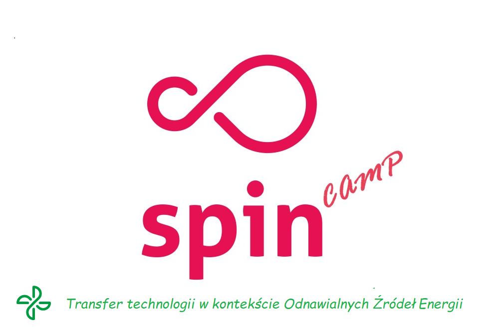 Czerwone logo Spin Campu na białym tle, pod spodem zielone logo inteligentnej specjalizacji - odnawialne żródła energii. Obok loga zielone litery z tematem SPIN Campu.