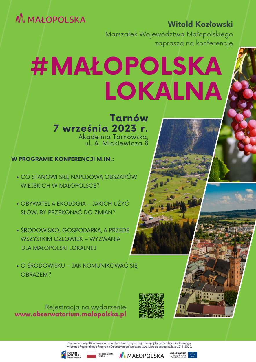 Plakat z napisem konferencja Małopolska Lokalna, Tarnów 7 września 2023 i programem wydarzenia