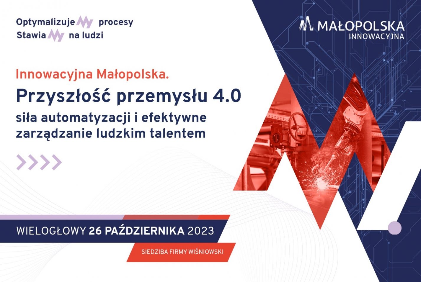 Baner z nazwą konferencji &quot;Przyszłość przemysłu 4.0&quot;. Wielogłowy 26 października 2023, siedziba firmy Wiśniowski